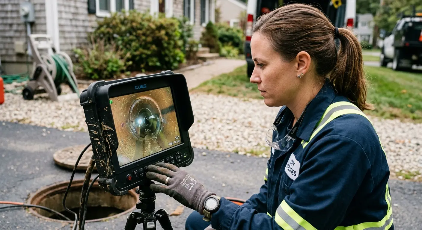 Technician reviewing sewer camera inspection footage in Avon