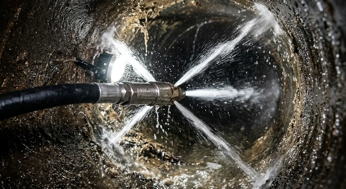 High-pressure hydro jetting nozzle cleaning sewer pipe for Sewer Cleanout in Avon